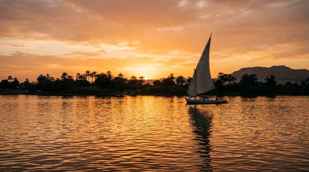 Felouque traditionnelle voguant sur le Nil au coucher du soleil doré avec palmiers et montagnes en silhouette, voyage de noces de luxe en Égypte