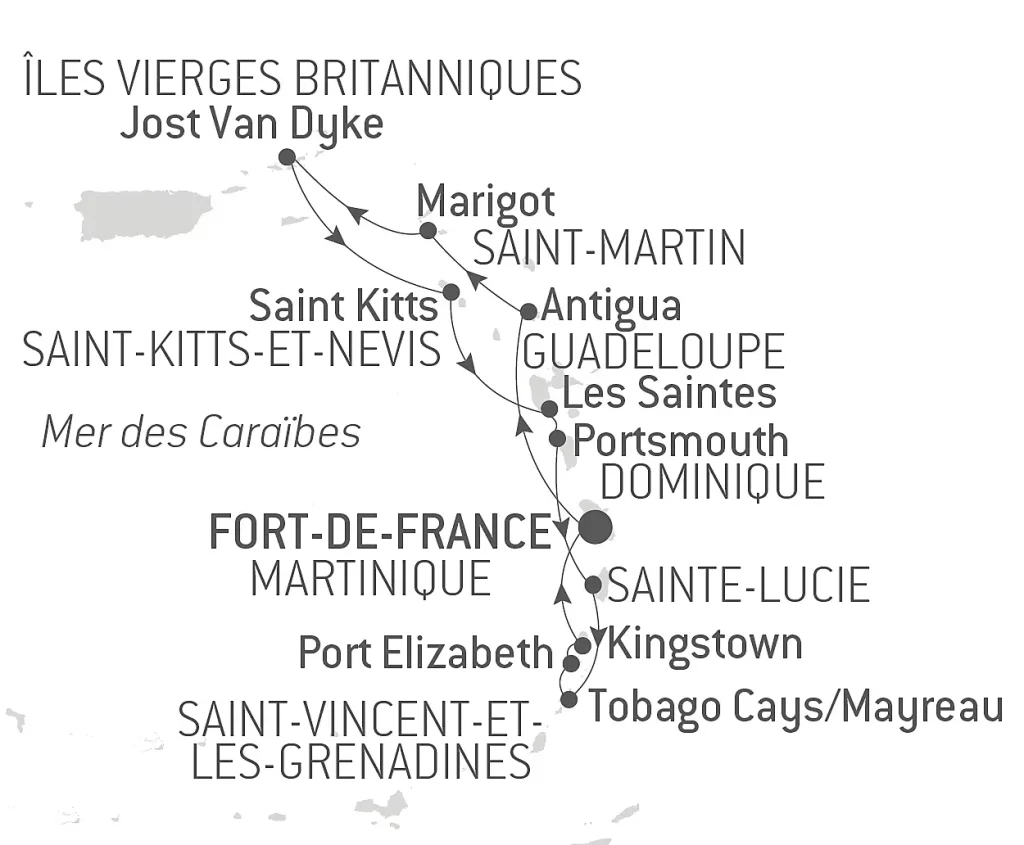 Voyages de Luxe Croisière PONANT Caraïbes carte itinéraire