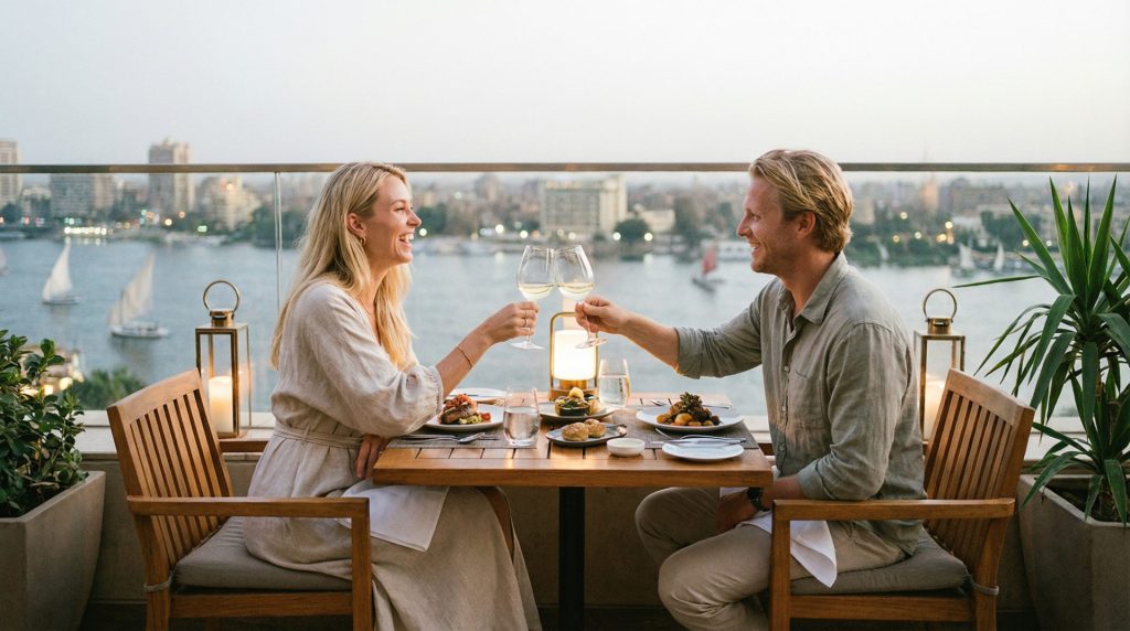 Couple dégustant un dîner romantique sur un rooftop avec vue sur le Nil au Caire, au coucher du soleil.