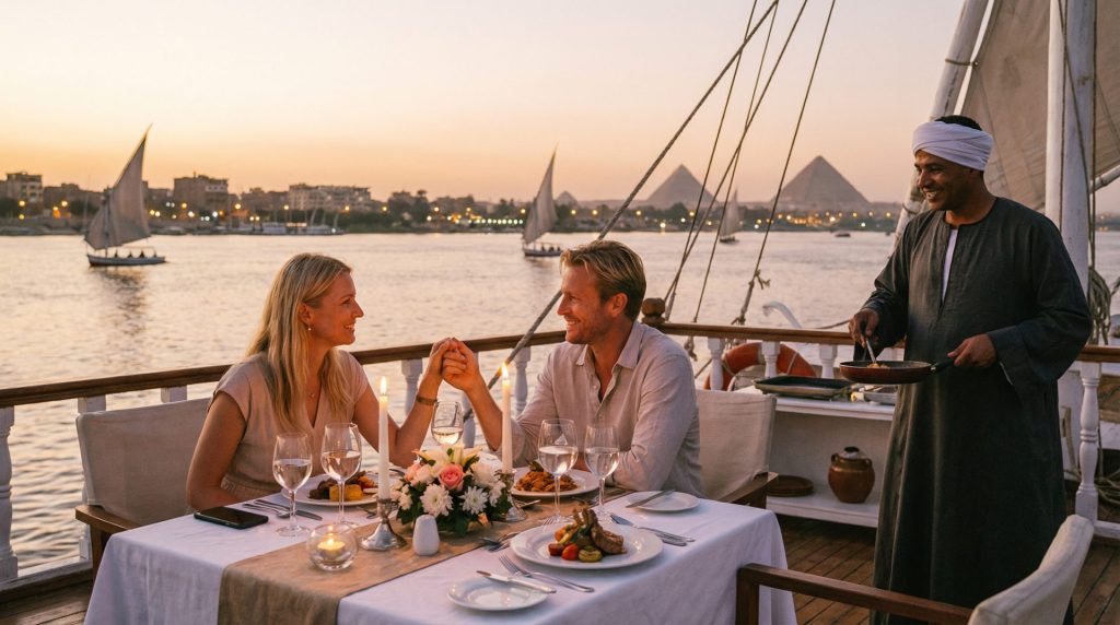 Dîner romantique sur un bateau privatisé lors d’une croisière au coucher du soleil sur le Nil, pendant un week-end au Caire.