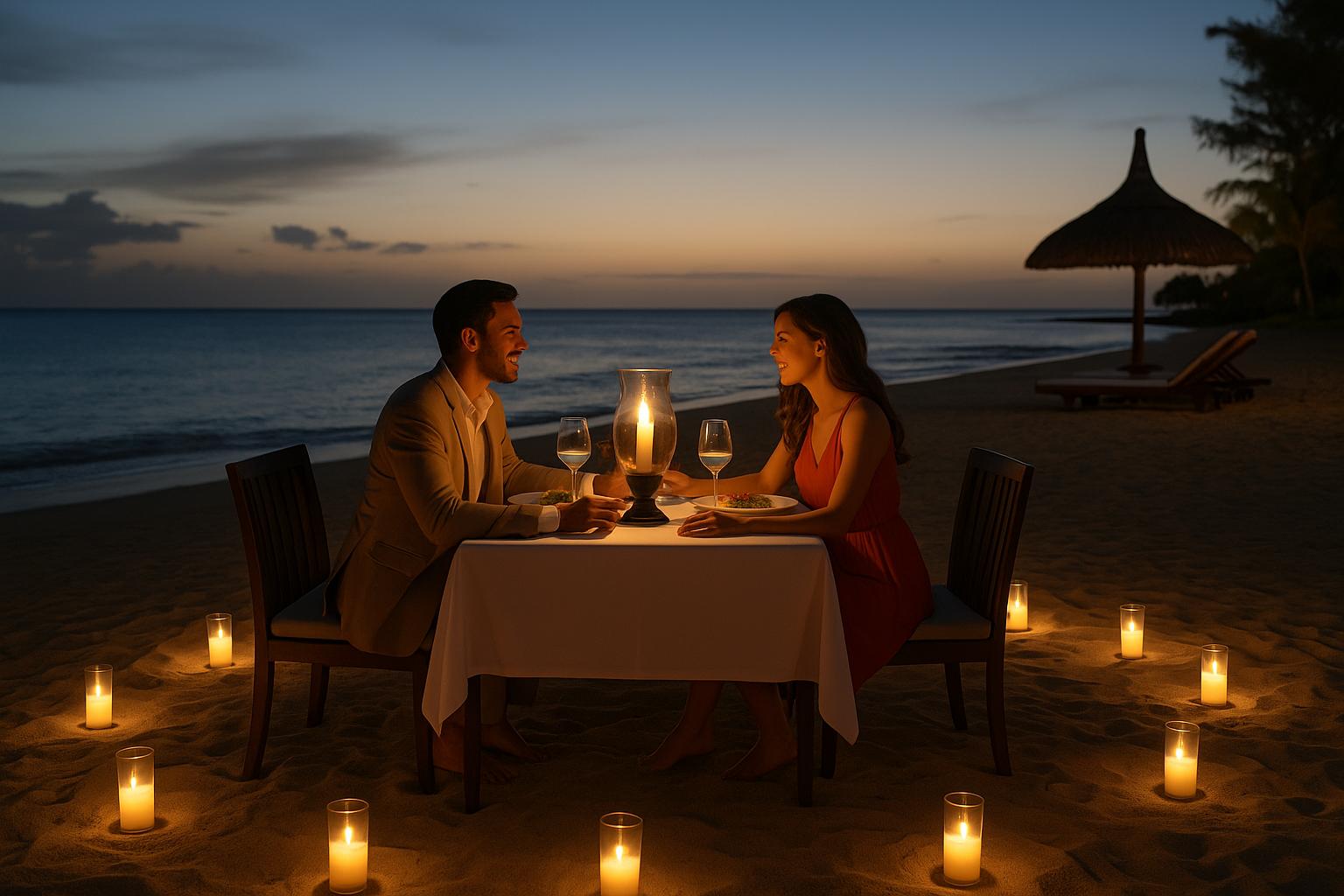 Dîner romantique aux chandelles sur la plage du The Oberoi Beach Resort Mauritius, couple savourant un repas au coucher du soleil face à l’océan