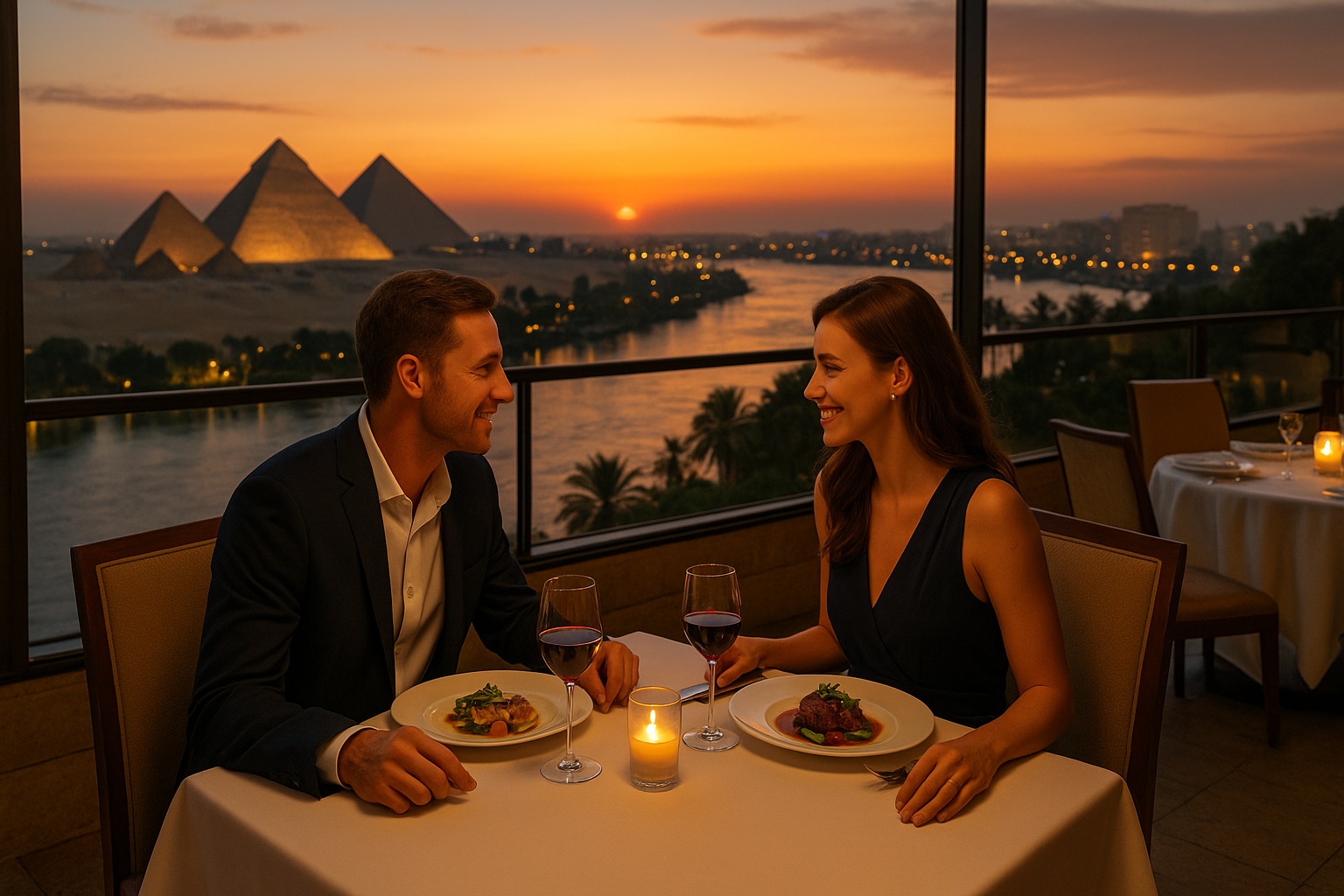 Dîner romantique avec vue sur le Nil et les pyramides au coucher du soleil lors d’un week-end de luxe au Caire