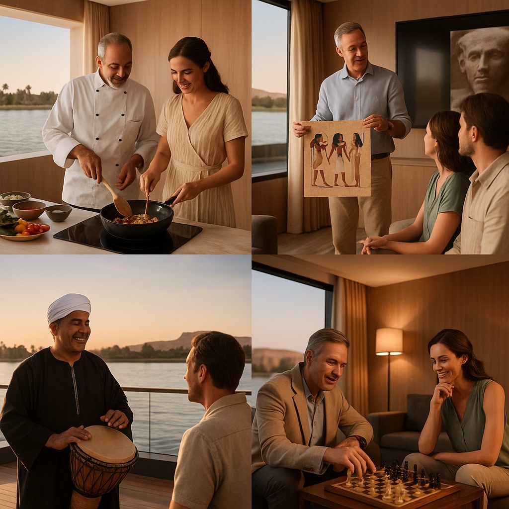 Activités et divertissements à bord du Storia the Dahabeya, incluant cours de cuisine, ateliers culturels et spectacles en soirée sur le Nil