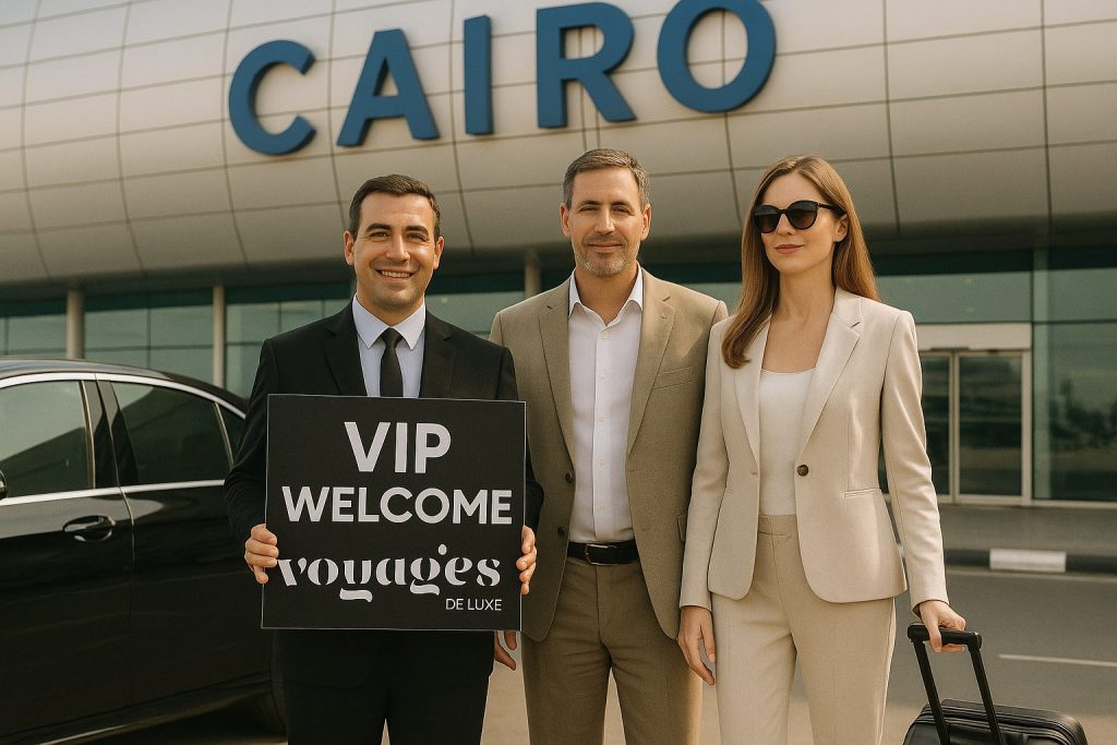 Accueil VIP au Caire avec chauffeur privé et panneau Voyages de Luxe devant l’aéroport international.