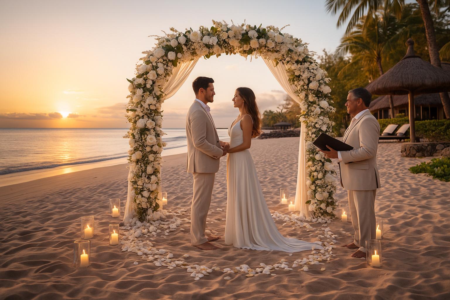 Renouvellement des vœux sur la plage au The Oberoi Mauritius, couple sous une arche fleurie au coucher du soleil lors d’une cérémonie romantique