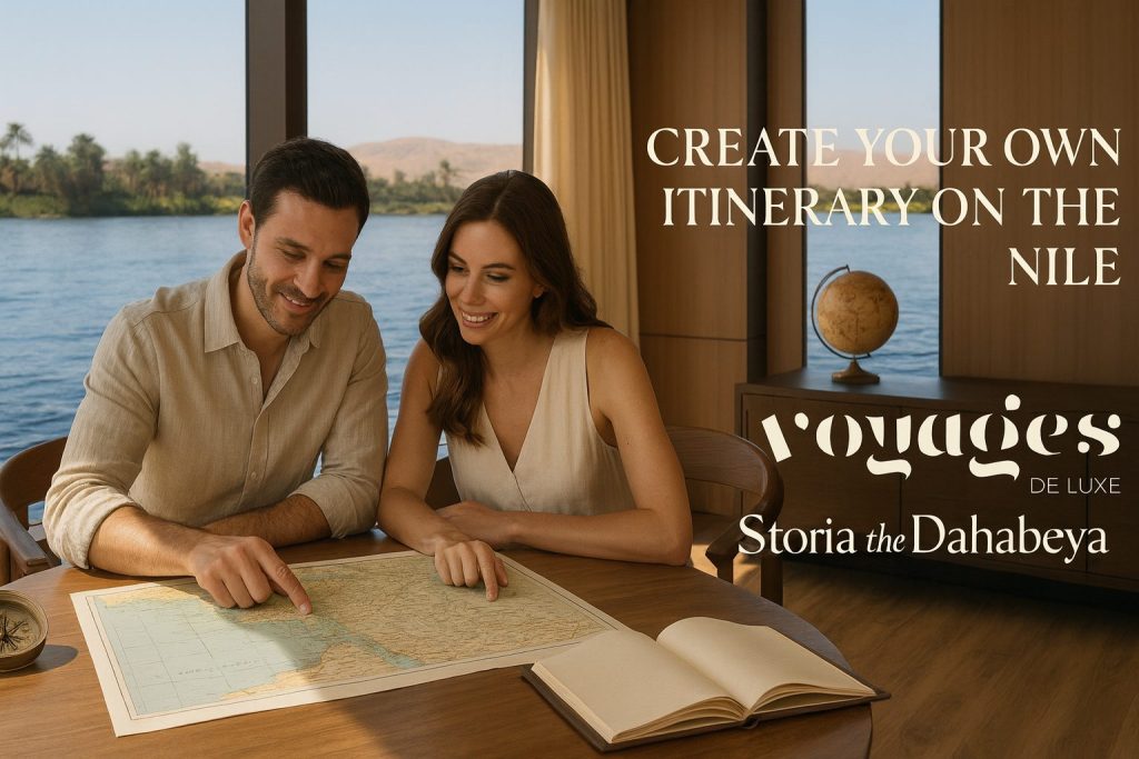 Couple planifiant un itinéraire personnalisé sur le Nil à bord du Storia the Dahabeya, croisière de luxe de Voyages de Luxe