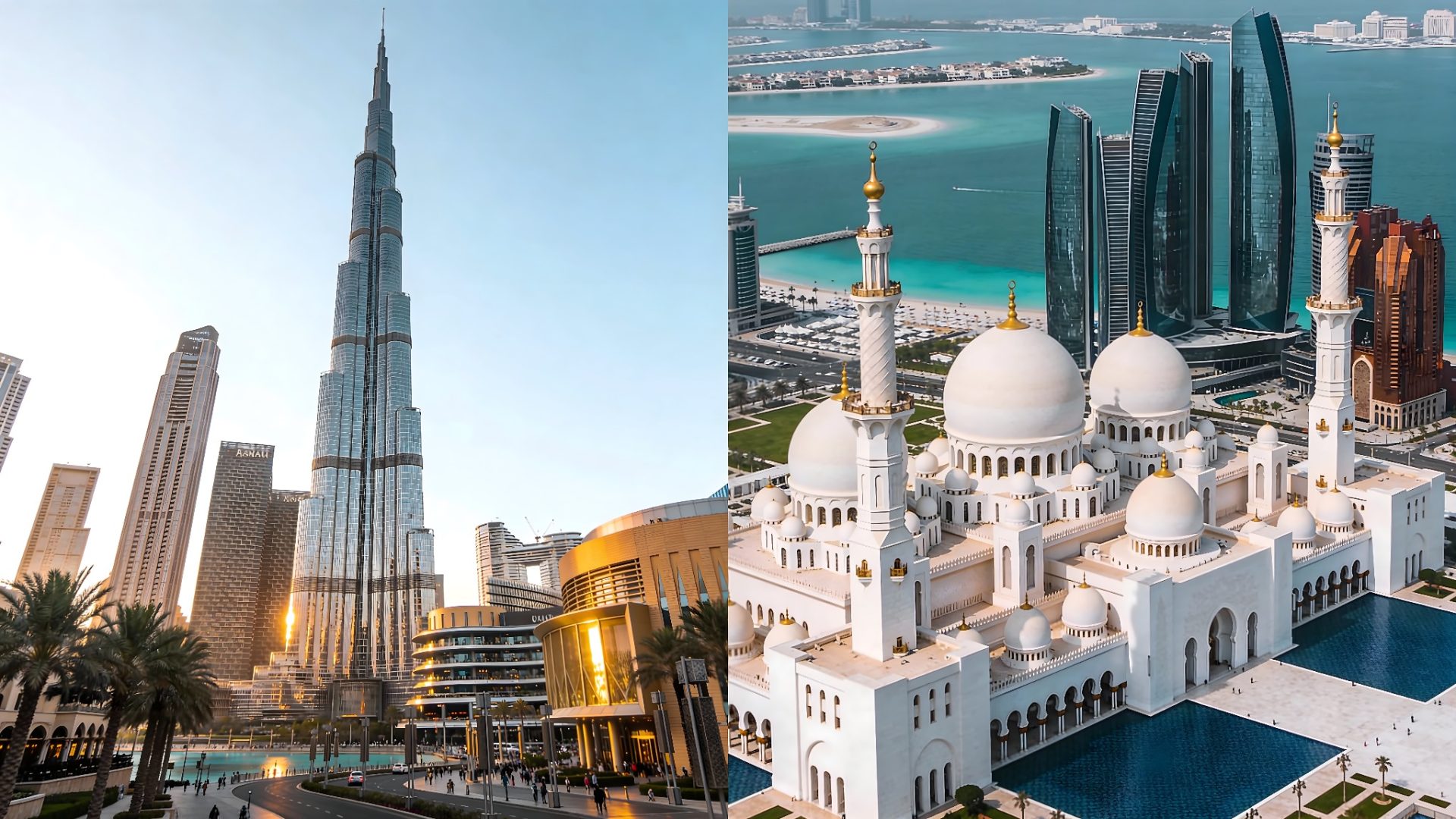 Burj Khalifa à Dubaï et Mosquée Sheikh Zayed à Abu Dhabi, illustrant le combiné Dubaï Abu Dhabi luxe entre modernité et culture authentique.