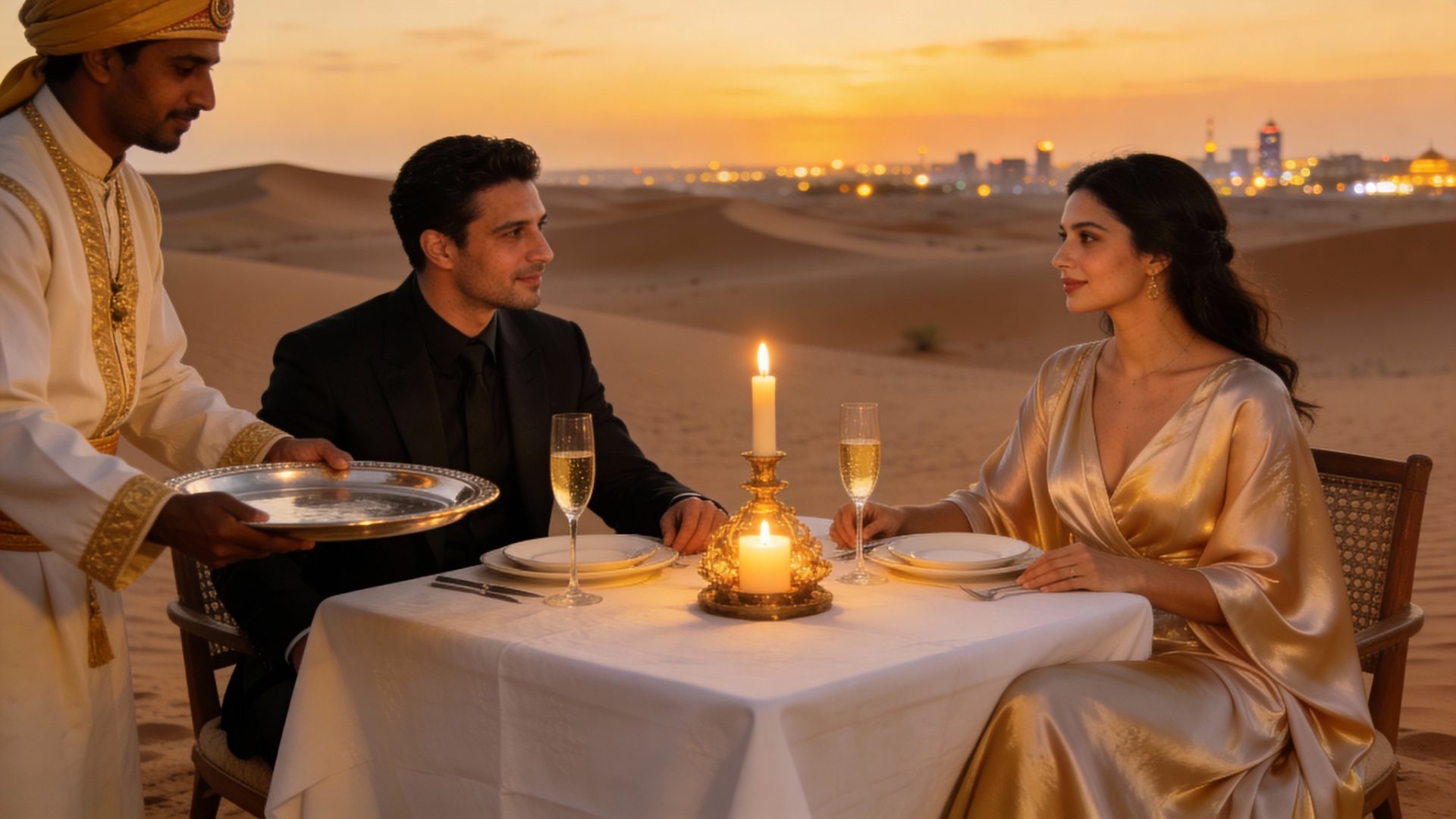 Couple dînant dans le désert au coucher du soleil, servis par un maître d’hôtel, illustrant l’expérience gastronomique ultime à Dubaï