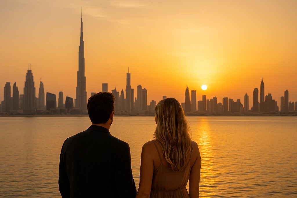 Couple admirant la skyline de Dubaï au coucher du soleil pour conclure un combiné Dubaï Abu Dhabi luxe.