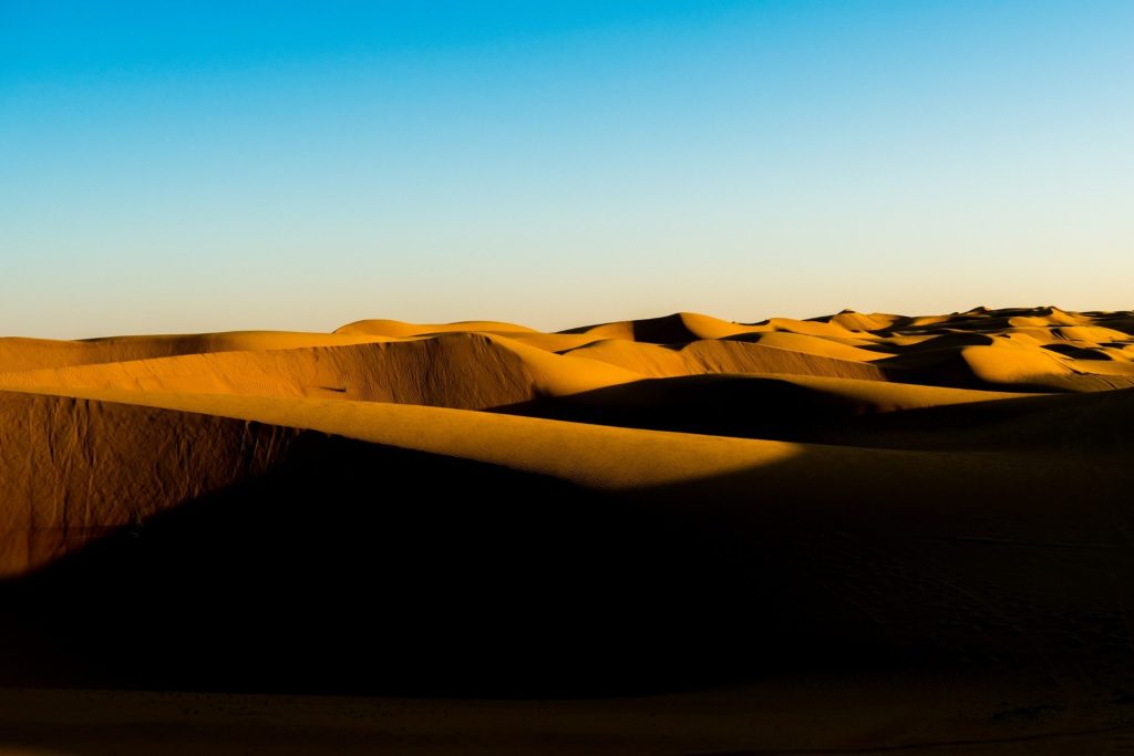 Désert de Wahiba à Oman au coucher du soleil, dunes dorées du Sharqiya Sands
