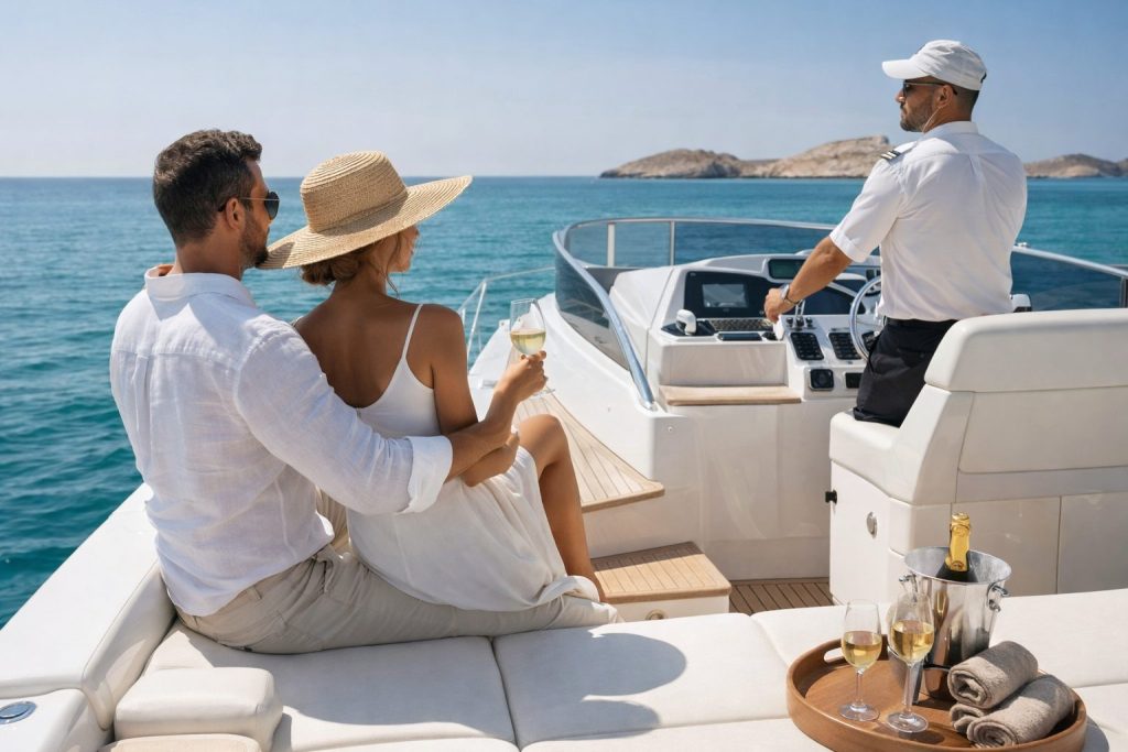 Yacht privé aux îles Daymaniyat à Oman lors d’un voyage privatif, navigation en mer d’Arabie
