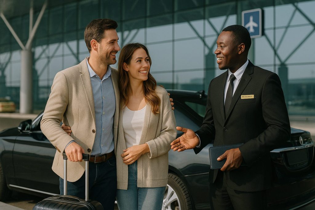 Couple bénéficiant d’un transfert privé avec assistance VIP à l’aéroport dans le cadre d’un combiné Dubaï Abu Dhabi luxe