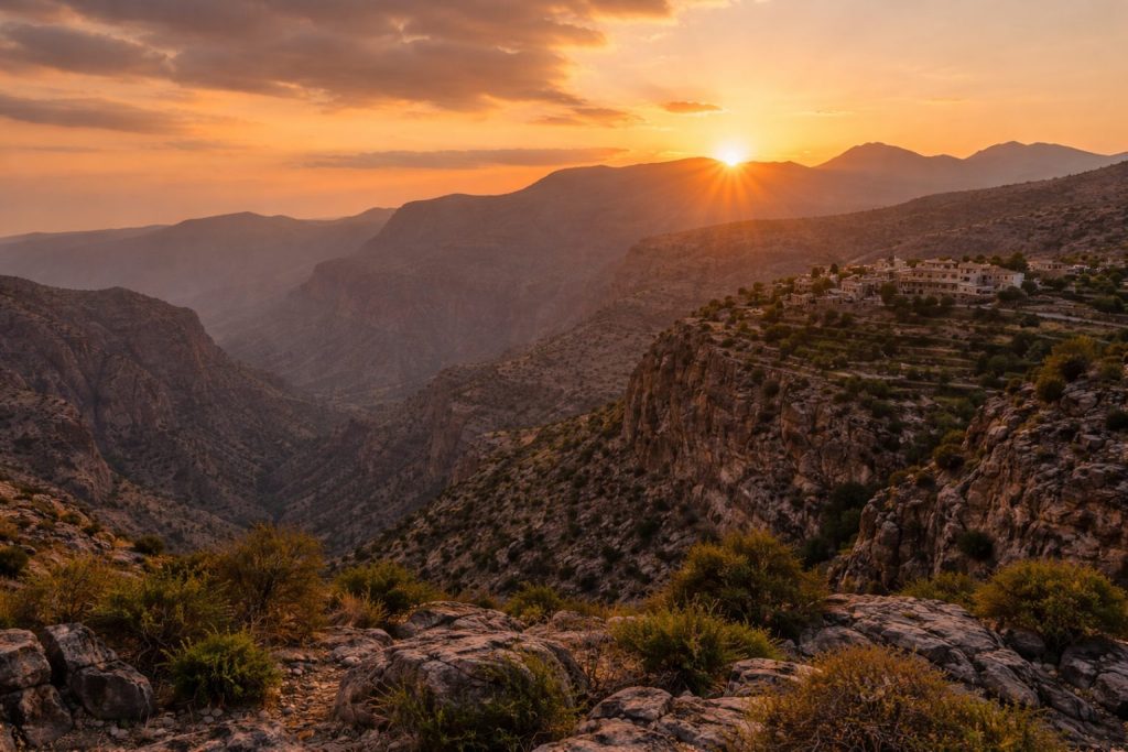 Lumière de fin de journée sur les montagnes du Jebel Akhdar à Oman

