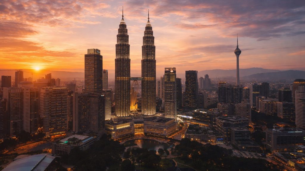 Skyline de Kuala Lumpur avec les tours Petronas au coucher du soleil

