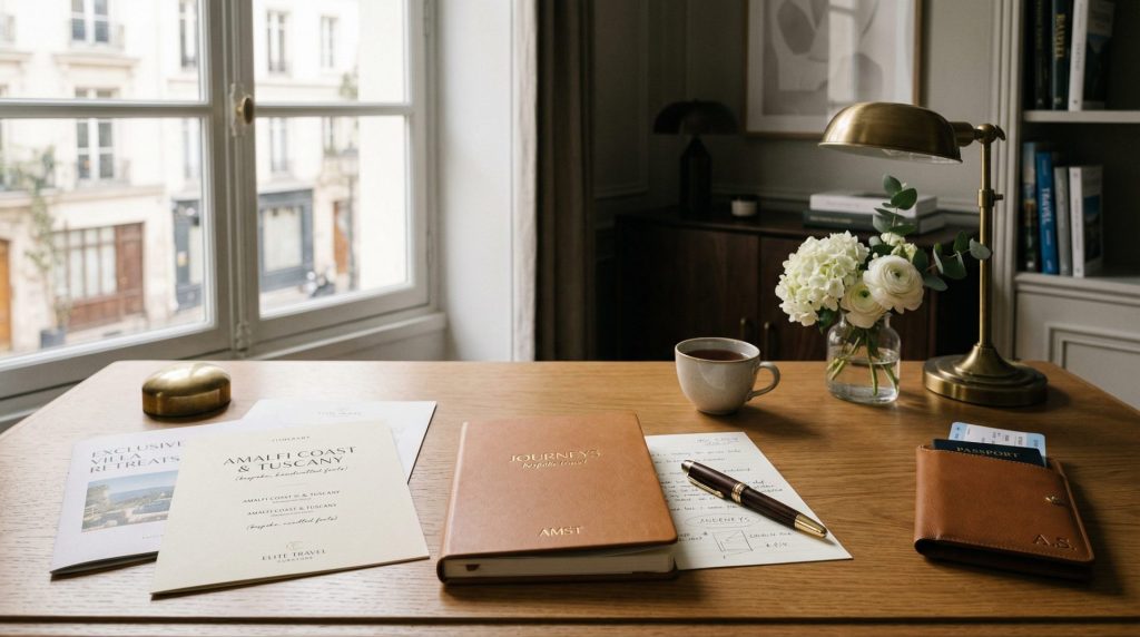 Espace de travail élégant illustrant la conception d’un voyage de luxe sur mesure avec carnet, documents et passeport