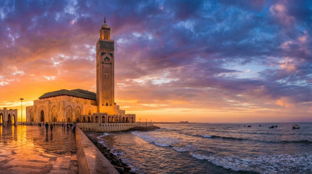 Mosquée Hassan II à Casablanca au coucher du soleil face à l’océan Atlantique, monument emblématique du Maroc