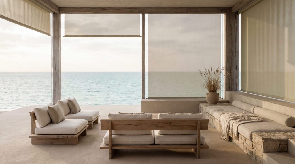 Villa de luxe minimaliste en bord de mer illustrant le quiet luxury dans le voyage haut de gamme