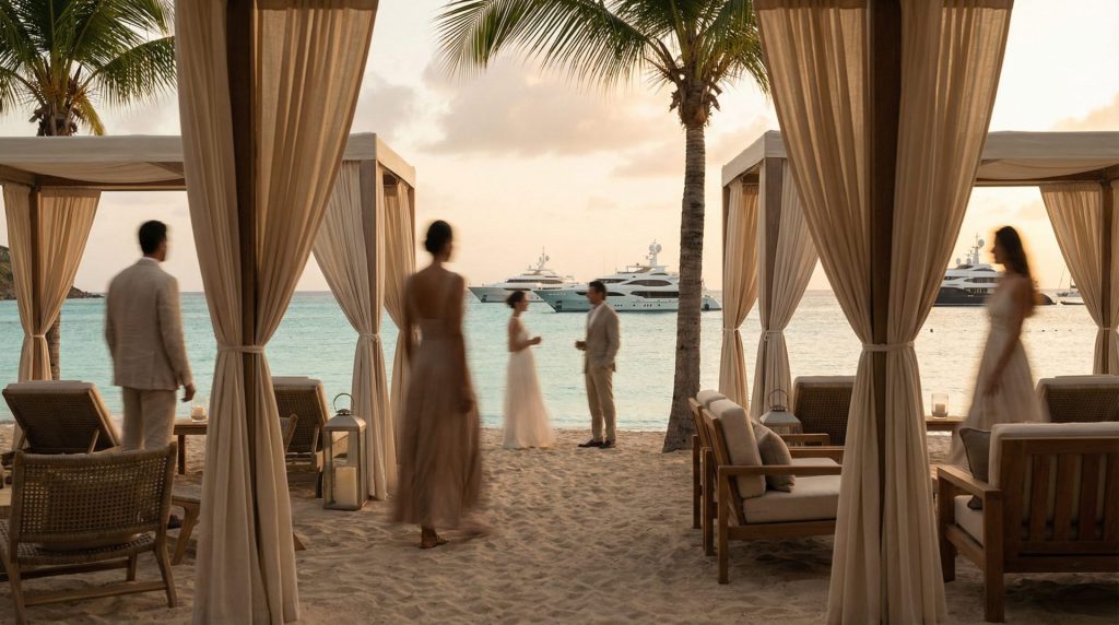 Scène élégante à Saint-Barth avec plage, silhouettes raffinées et yachts illustrant une ambiance jet-set haut de gamme