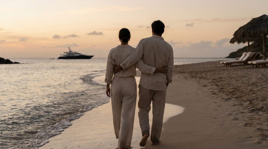 Couple marchant sur une plage à Saint-Barth au coucher du soleil illustrant une atmosphère paisible et un luxe discret