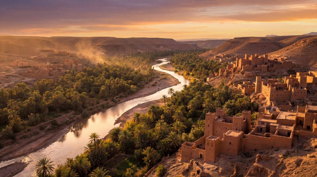 Vallée du Drâa près de Zagora avec palmeraie, kasbahs et rivière au coucher du soleil au Maroc