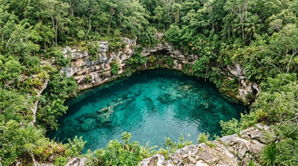 Vue aérienne d'un cénote naturel aux eaux turquoise entouré de végétation tropicale et de parois calcaires, Yucatán Riviera Maya Mexique