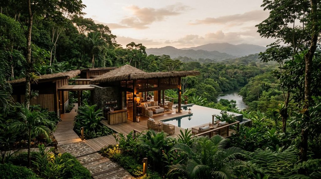 Eco-lodge de luxe intégré dans une forêt tropicale luxuriante