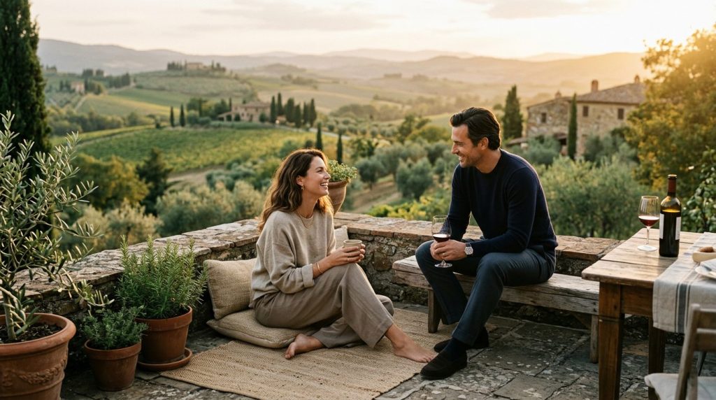 Couple profitant d’une expérience calme et immersive dans un boutique hôtel en Toscane