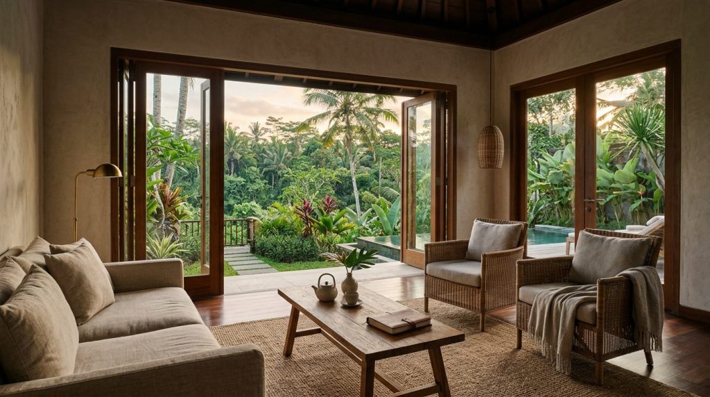 Atmosphère chaleureuse dans un hôtel de luxe ouvert sur la nature tropicale