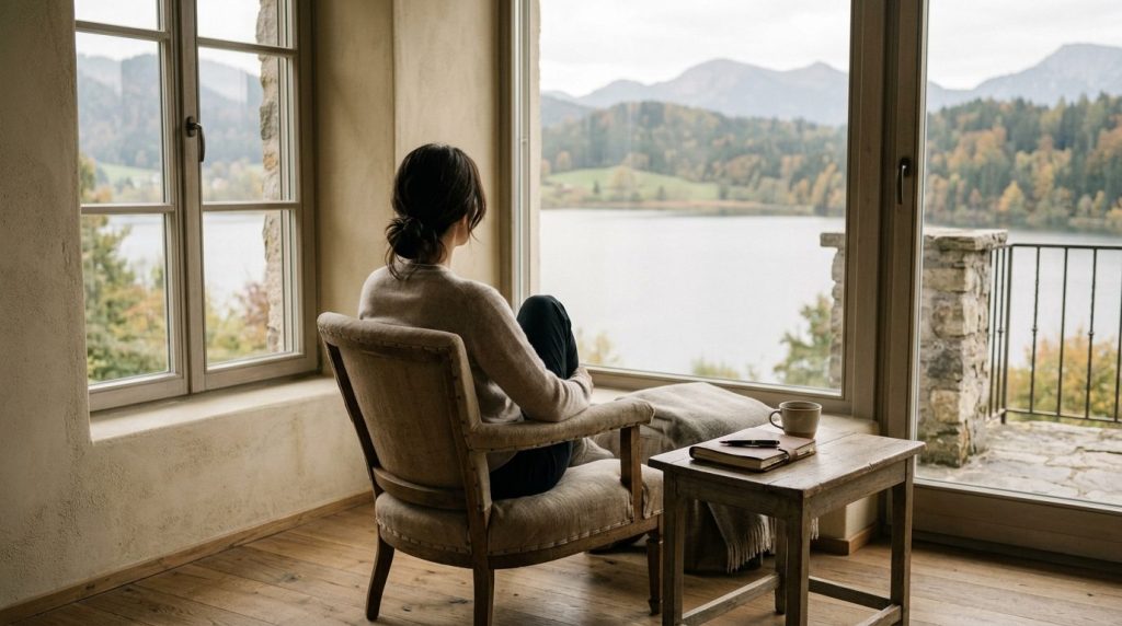 Voyageuse profitant d’un moment de calme face à la nature dans un refuge de luxe discret