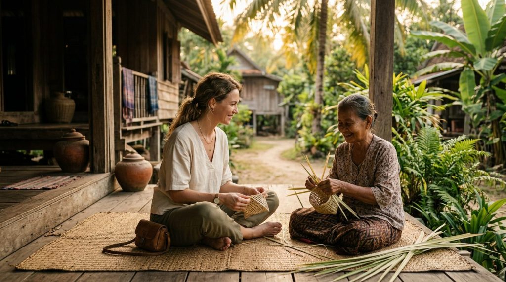 Voyageuse découvrant la culture locale dans une destination tropicale authentique