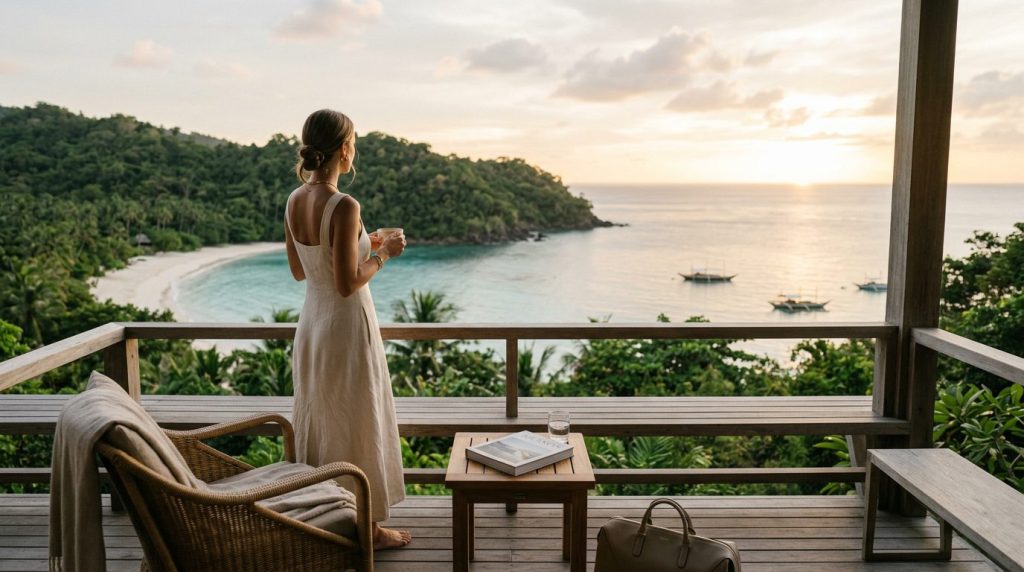 Voyageuse profitant d’un séjour de luxe apaisé face à un paysage tropical
