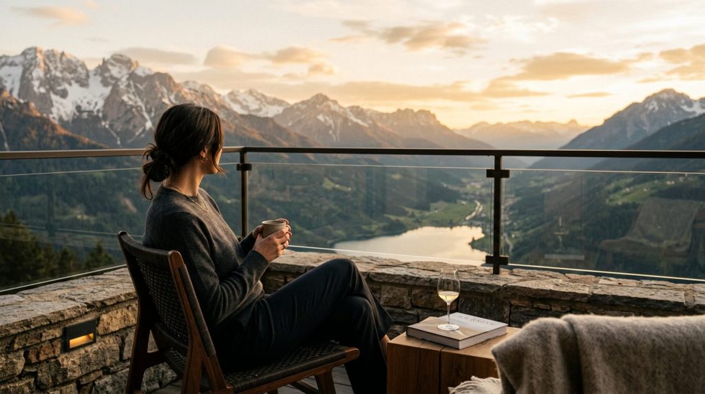Voyageuse profitant d’un moment de contemplation face à un paysage de montagne au coucher du soleil
