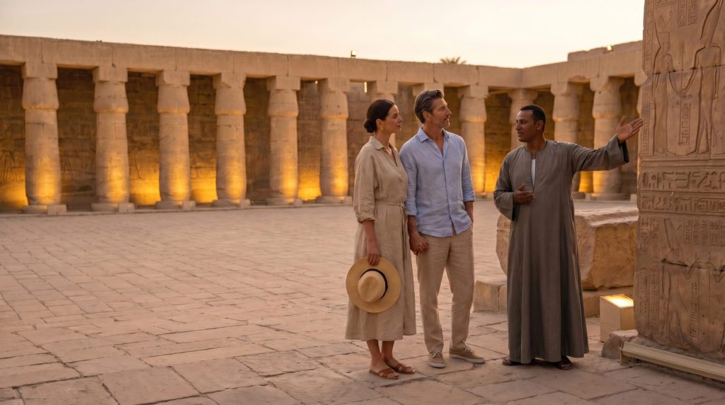 Couple accompagné d'un guide privé lors d'une expérience exclusive dans un temple égyptien privatisé