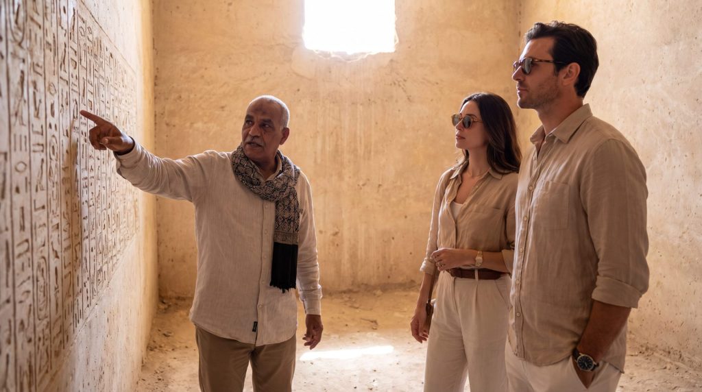 Guide privé égyptologue accompagnant un couple lors d'une visite privée en Égypte
