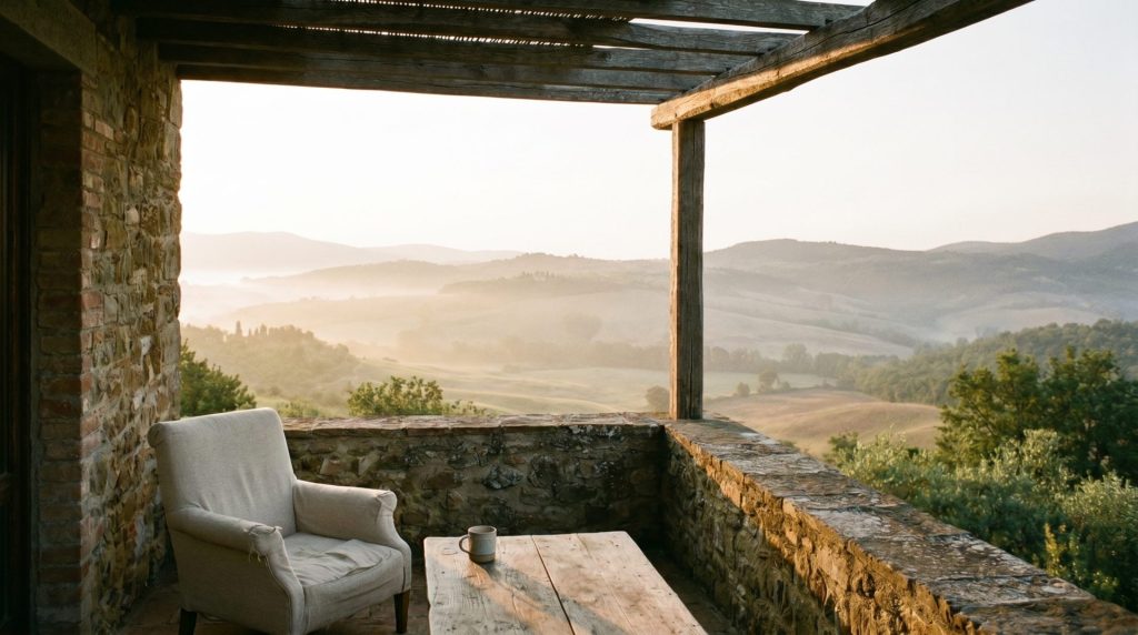 Terrasse ouverte sur un vaste paysage dans un voyage de luxe intime et préservé