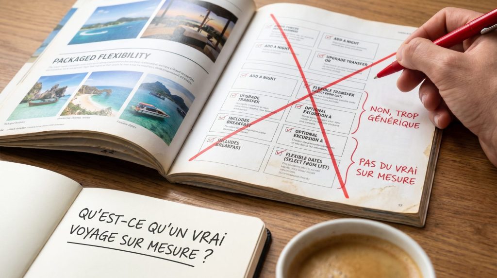 Catalogue de voyage standardisé barré pour illustrer la différence avec un vrai voyage sur mesure