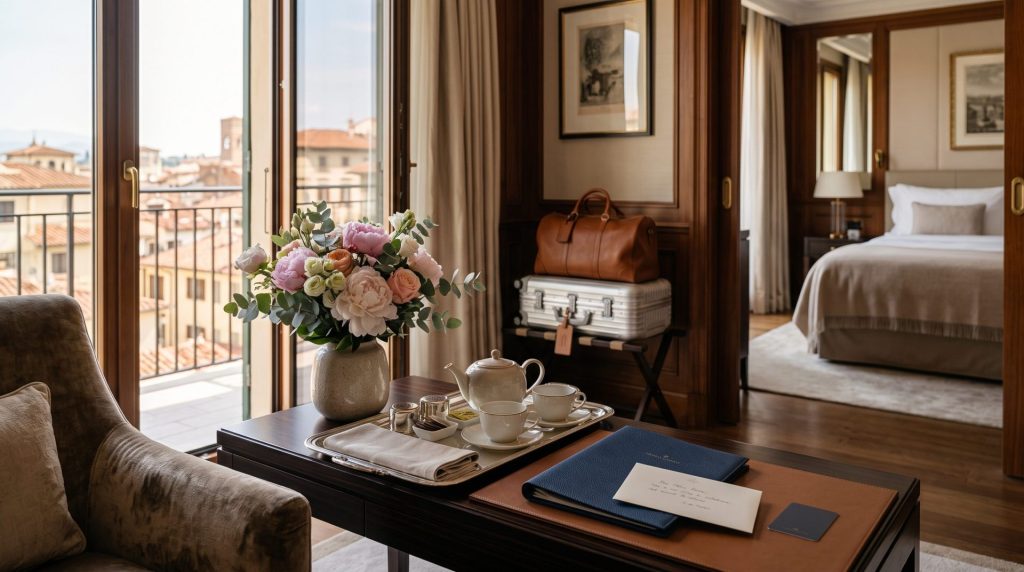 Suite de luxe préparée avec des attentions particulières dans le cadre d’un voyage organisé par une agence de voyages de luxe.