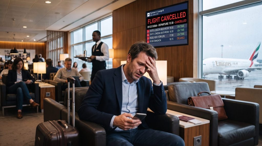 Voyageur confronté à un vol annulé lors d’un voyage de luxe réservé sans accompagnement professionnel.