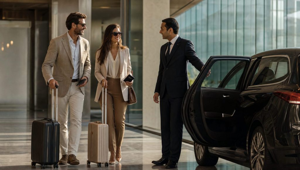 Accueil avec chauffeur privé lors d’un voyage de luxe organisé par une agence spécialisée.