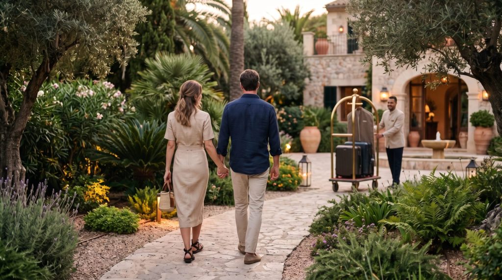 Couple arrivant sereinement dans un hôtel de luxe avec une prise en charge organisée par une agence de voyages immatriculée auprès d’Atout France.
