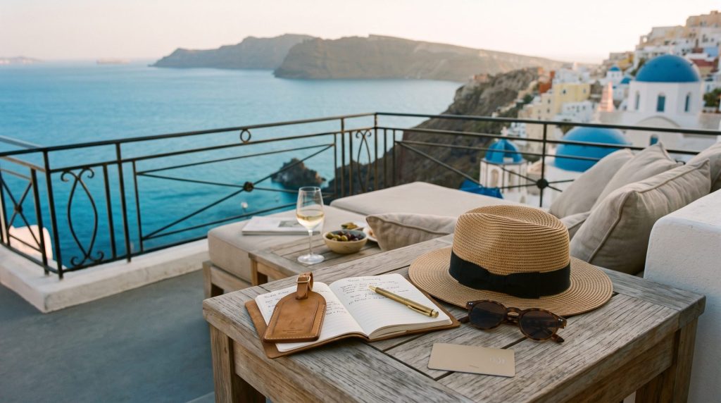 Terrasse d’hôtel de luxe intégrée à un voyage sur mesure organisé par une agence de voyages.
