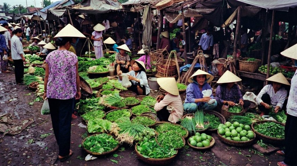 Marché central de Hoi An avec étals d’herbes fraîches et commerçantes vietnamiennes