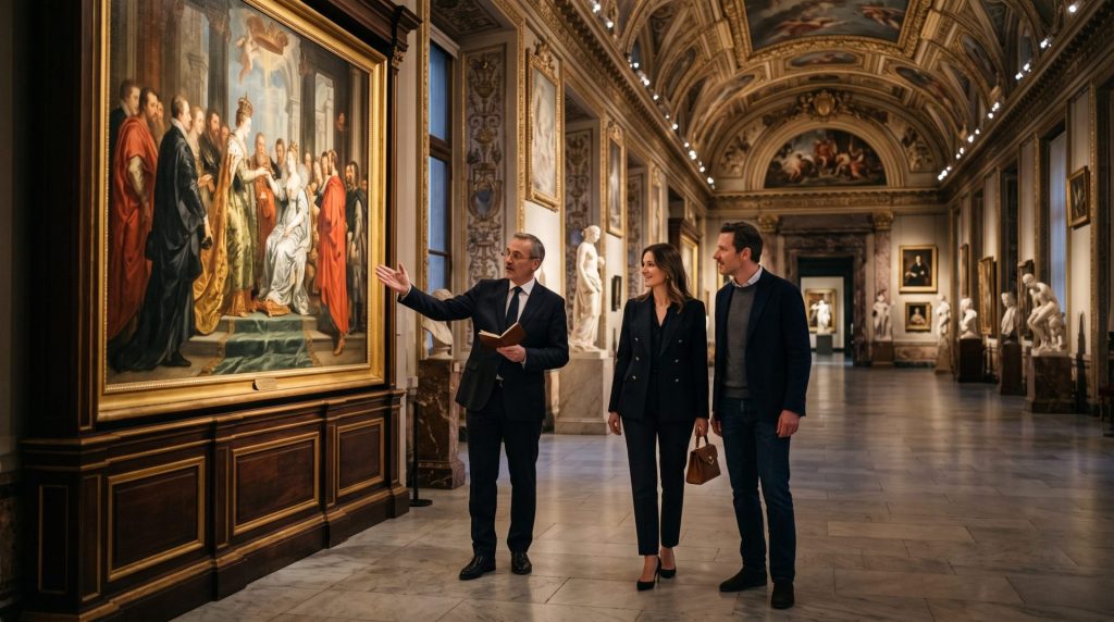Visite privée avec guide dans un musée lors d’un voyage de luxe sur mesure.
