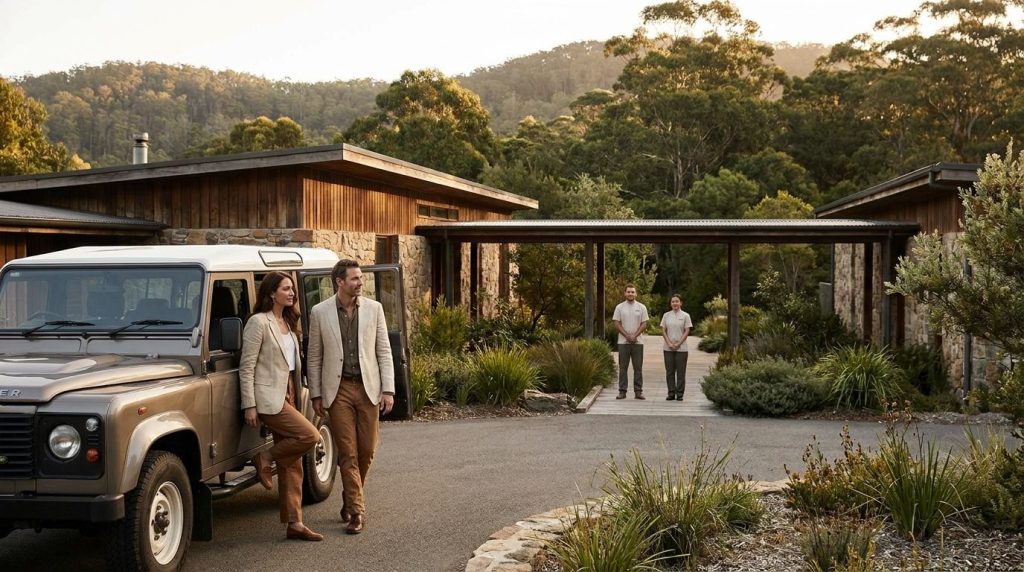 Couple arrivant dans un lodge d’exception lors d’un voyage de luxe avec transfert privé