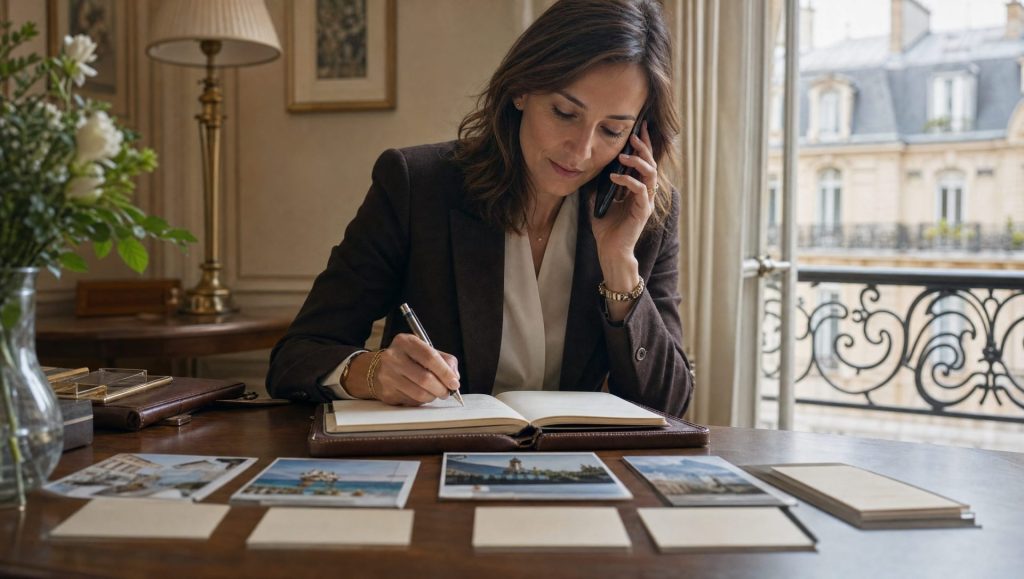 Expert du voyage de luxe vérifiant les informations d’un séjour sur mesure.