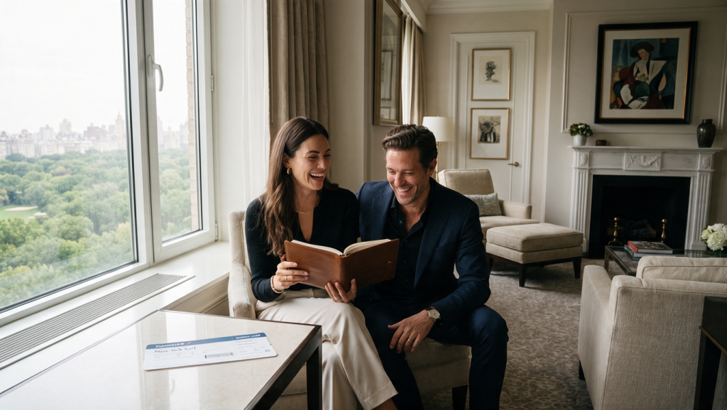 Couple dans une suite de luxe avec vue sur Central Park, illustrant les meilleures conditions obtenues en réservant un voyage de luxe à l’avance.