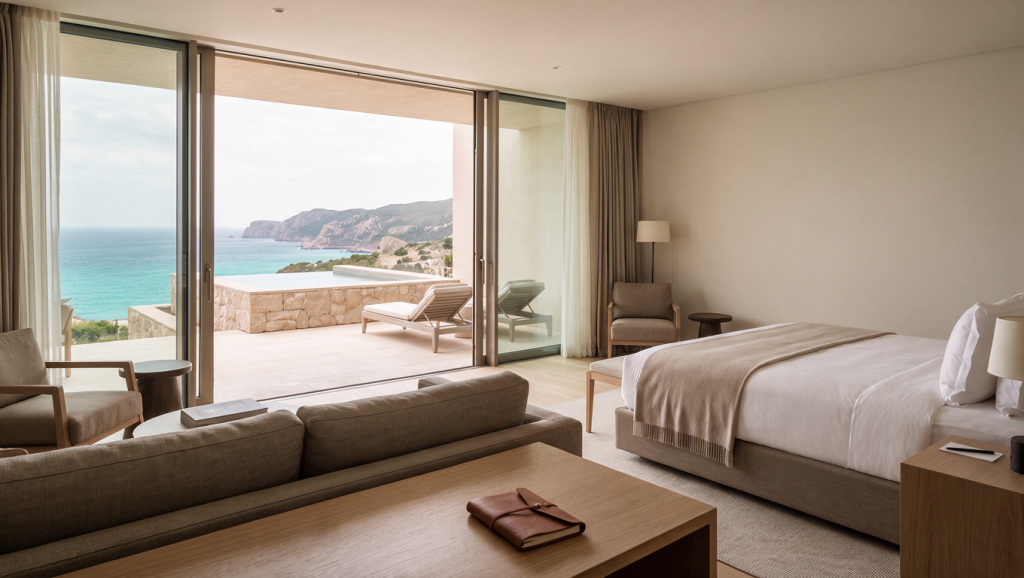 Suite de luxe avec terrasse privée et vue mer illustrant l’intérêt de réserver un voyage de luxe à l’avance.