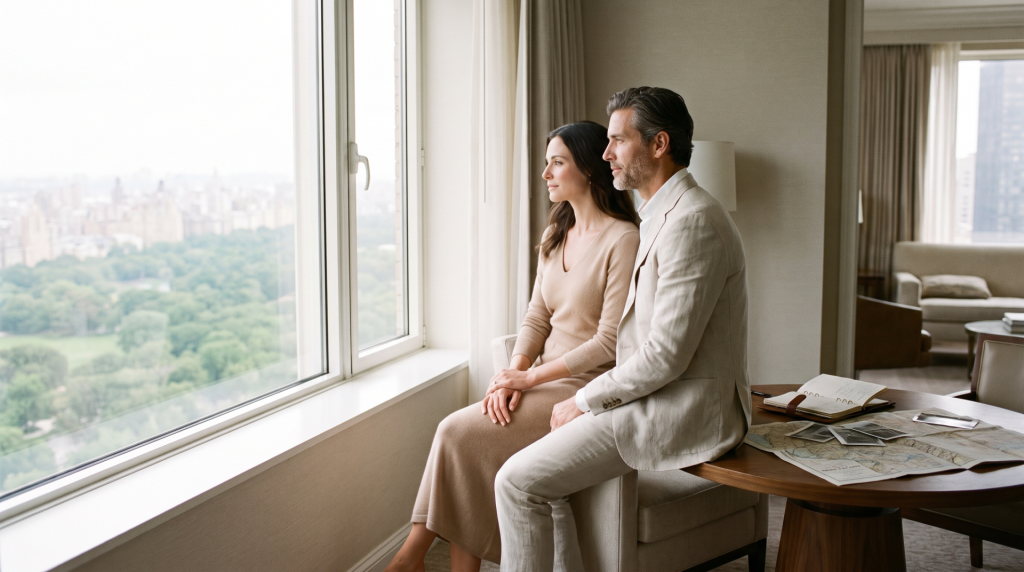 Couple dans une suite de luxe avec vue sur Central Park, illustrant le risque de réserver un voyage de luxe trop tard.