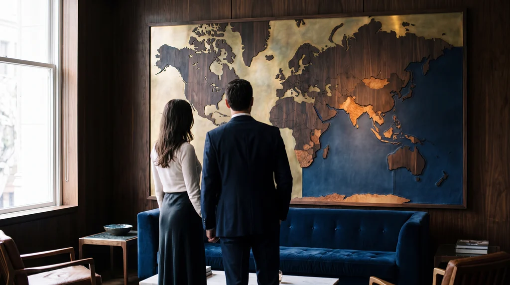Couple observant une carte du monde pour choisir une destination de voyage dans un contexte géopolitique incertain.