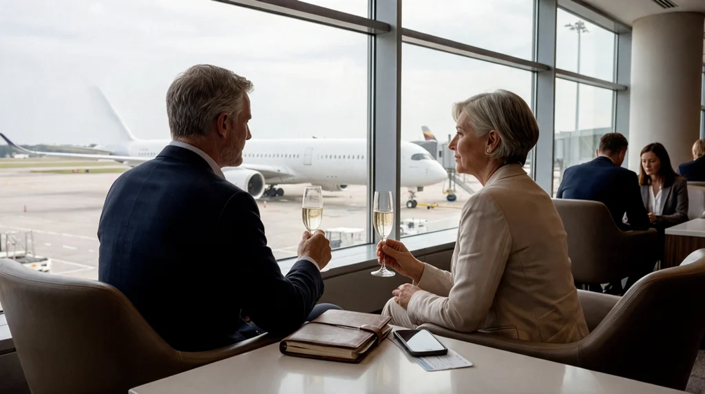 Couple dans un lounge d’aéroport premium face à un avion long-courrier